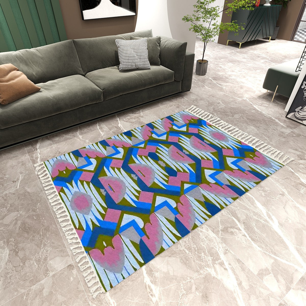 Kaleidoscope Reimagined Colorful Area Rug with Tassels (5x8)