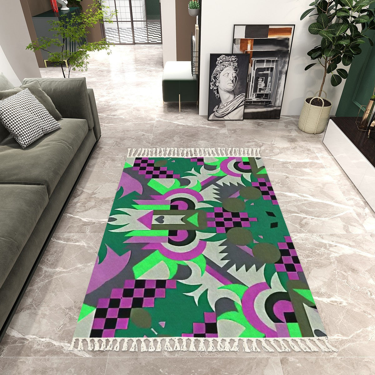 Maximalist Jewel Abstract Geometric Area Rug with Tassels (5'x8') | Surrealist Luxe Rug