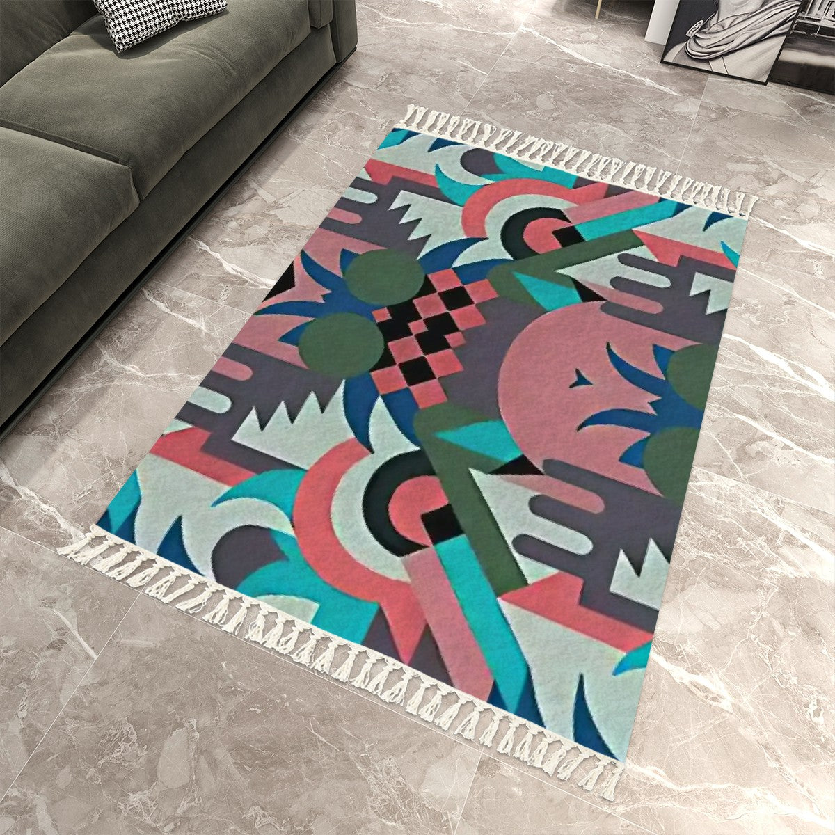 Art Deco Psychedelia Abstract Geometric Area Rug with Tassels (5'x8') | Eclectic Retro Rug