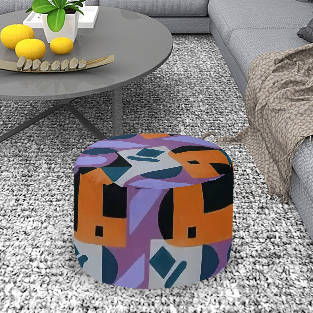 Kaleidoscope Reimagined Colorful Eclectic Round Pouf Ottoman |  Art Deco Inspired Abstract Patterned Pouf