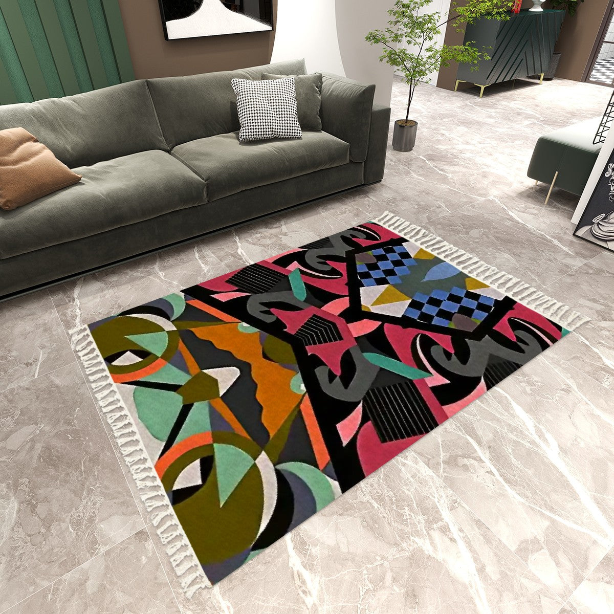 Moody Boho Luxe Abstract Geometric Area Rug with Tassels (5'x8') | Dark Academia Rug