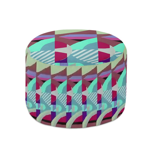 Kaleidoscope Reimagined Colorful Eclectic Round Pouf Ottoman |  Art Deco Inspired Abstract Patterned Pouf