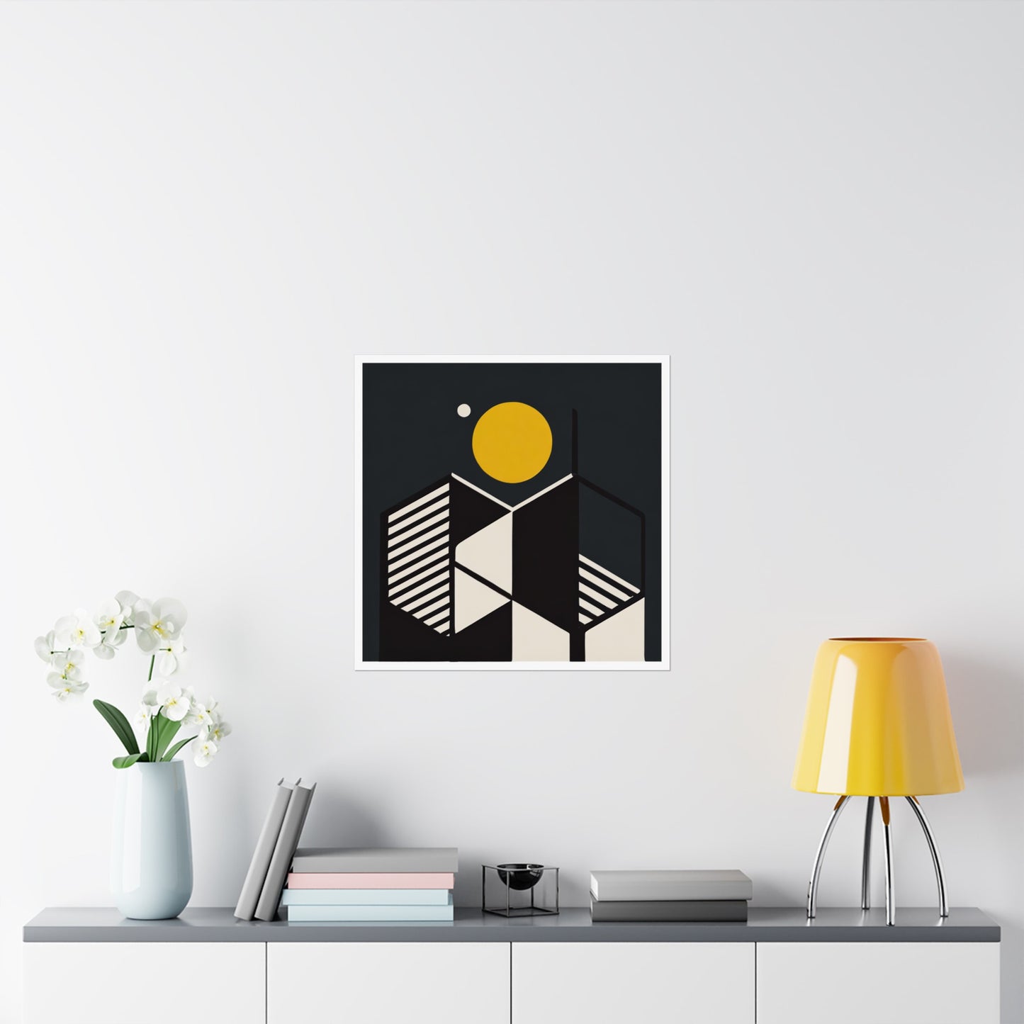 Minimalist Full Moon Graphic Abstract Geometric Honeycomb Square Matte Poster Cosmic Lunar Art Print