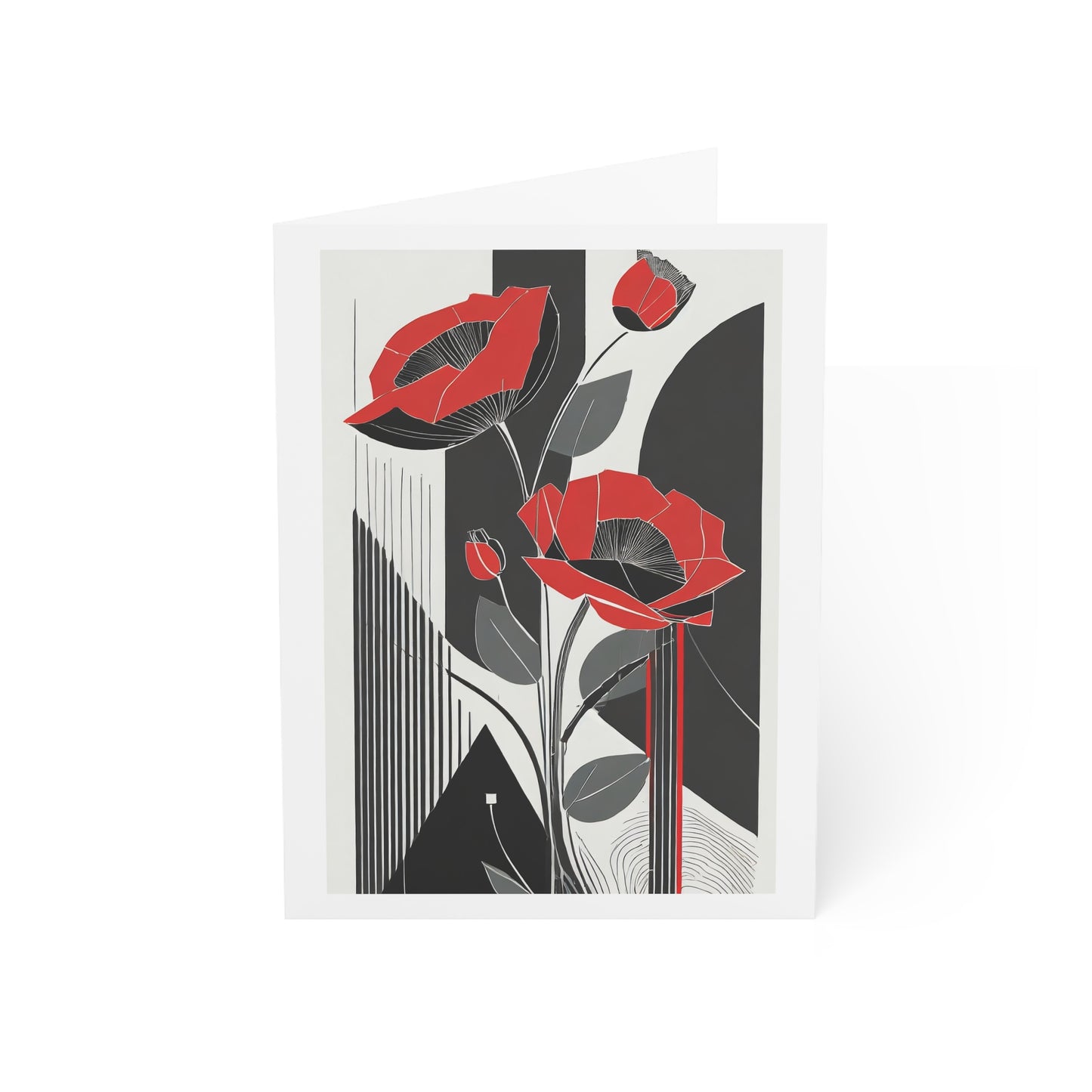 Art Deco Flower Card with Red Poppies Note Card Abstract Flower Birthday Card Art Deco Red Flowers Minimalist Flower Card for Mother's Day