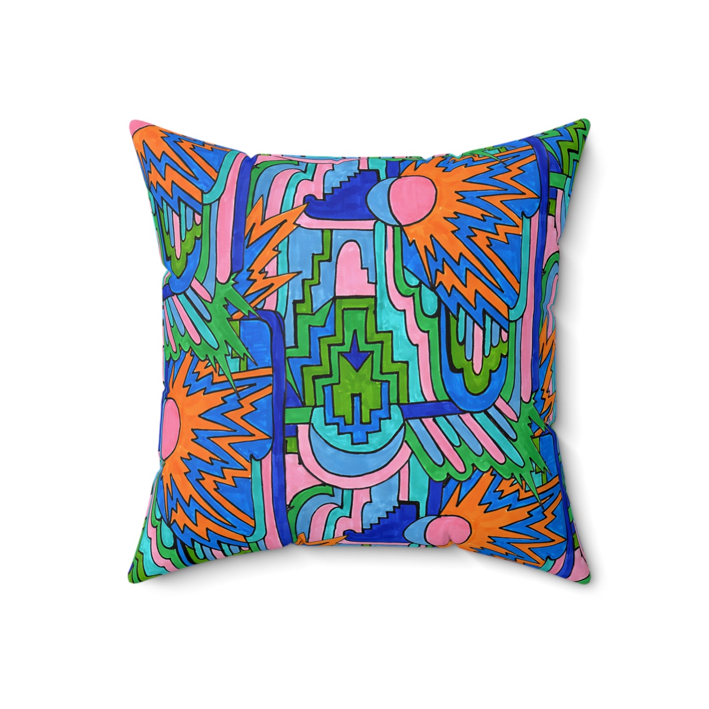 Pop Decoscape Abstract Artwork Maximalist Throw Pillow - Colorful Hand Drawn Eclectic Square Pillow