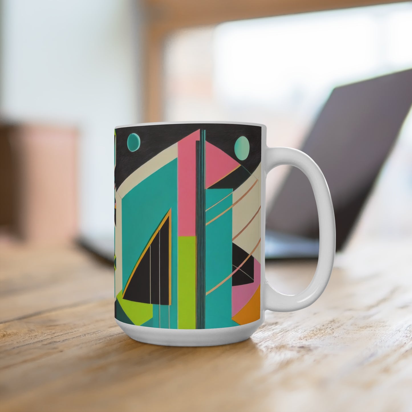 Colorful Abstract Geometric Mug 15oz, Art Deco Vibe Coffee Cup, Psychedelic Retro Design, Modern Art Graphic, Large Tea Cup, Asymmetrical