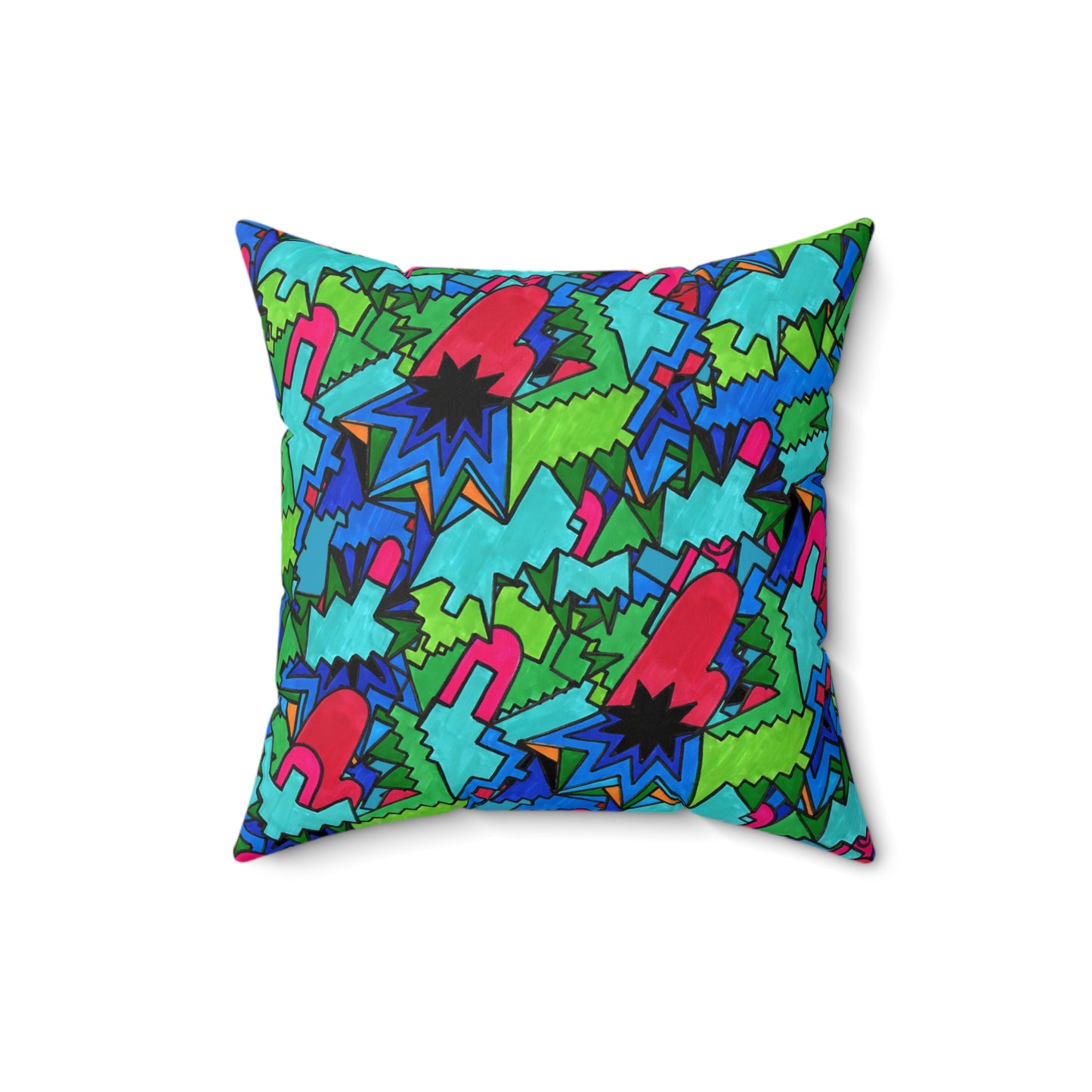 Pop Decoscape Abstract Artwork Maximalist Throw Pillow - Colorful Hand Drawn Eclectic Square Pillow