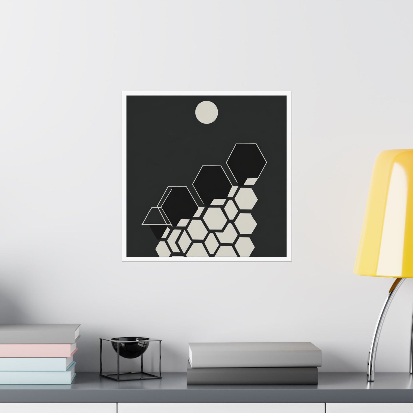 Minimalist Moon Graphic Abstract Geometric Honeycomb Square Matte Poster Cosmic Lunar Art Print