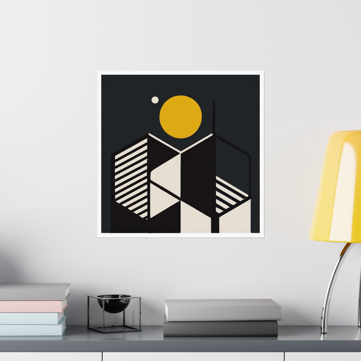 Minimalist Full Moon Graphic Abstract Geometric Honeycomb Square Matte Poster Cosmic Lunar Art Print