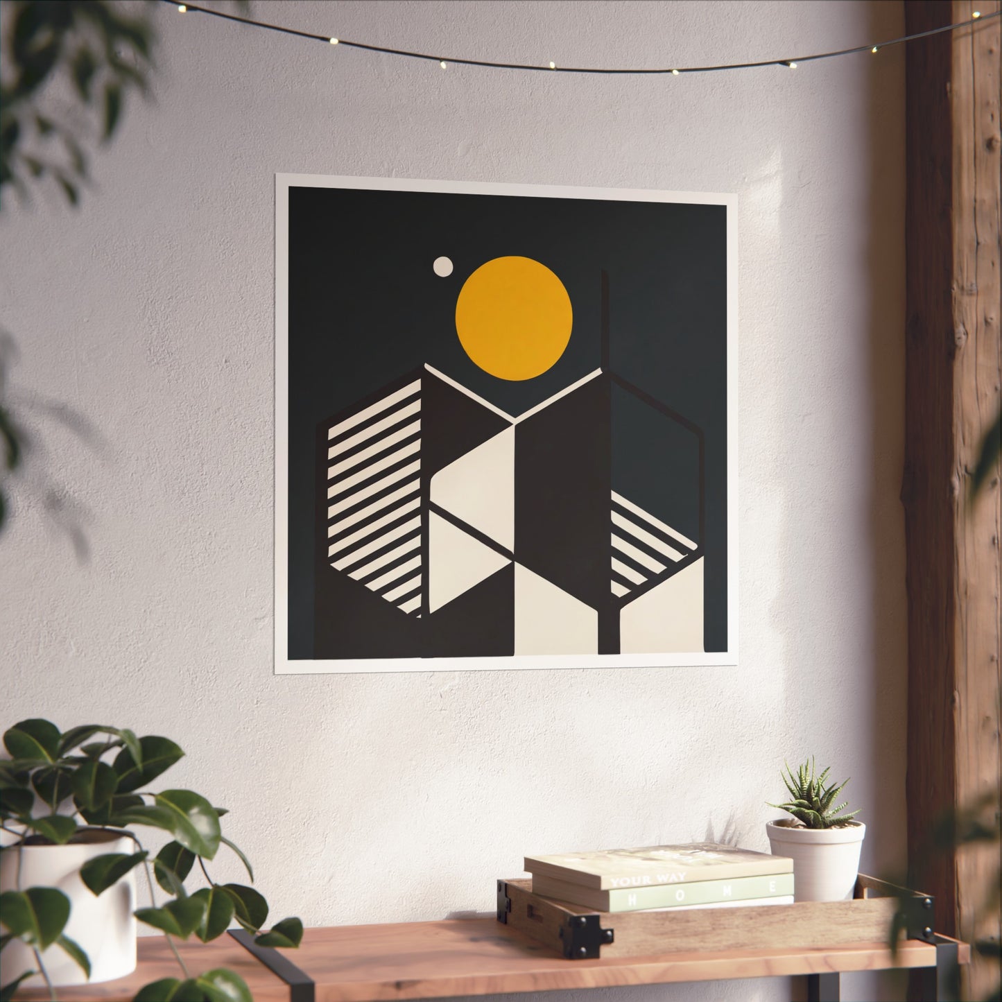 Minimalist Full Moon Graphic Abstract Geometric Honeycomb Square Matte Poster Cosmic Lunar Art Print