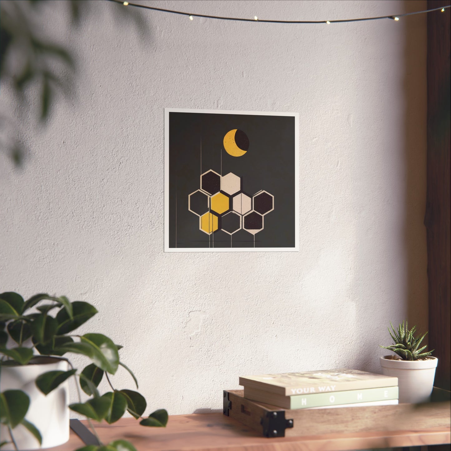 Minimalist New Moon Graphic Abstract Geometric Honeycomb Square Matte Poster Cosmic Art Print