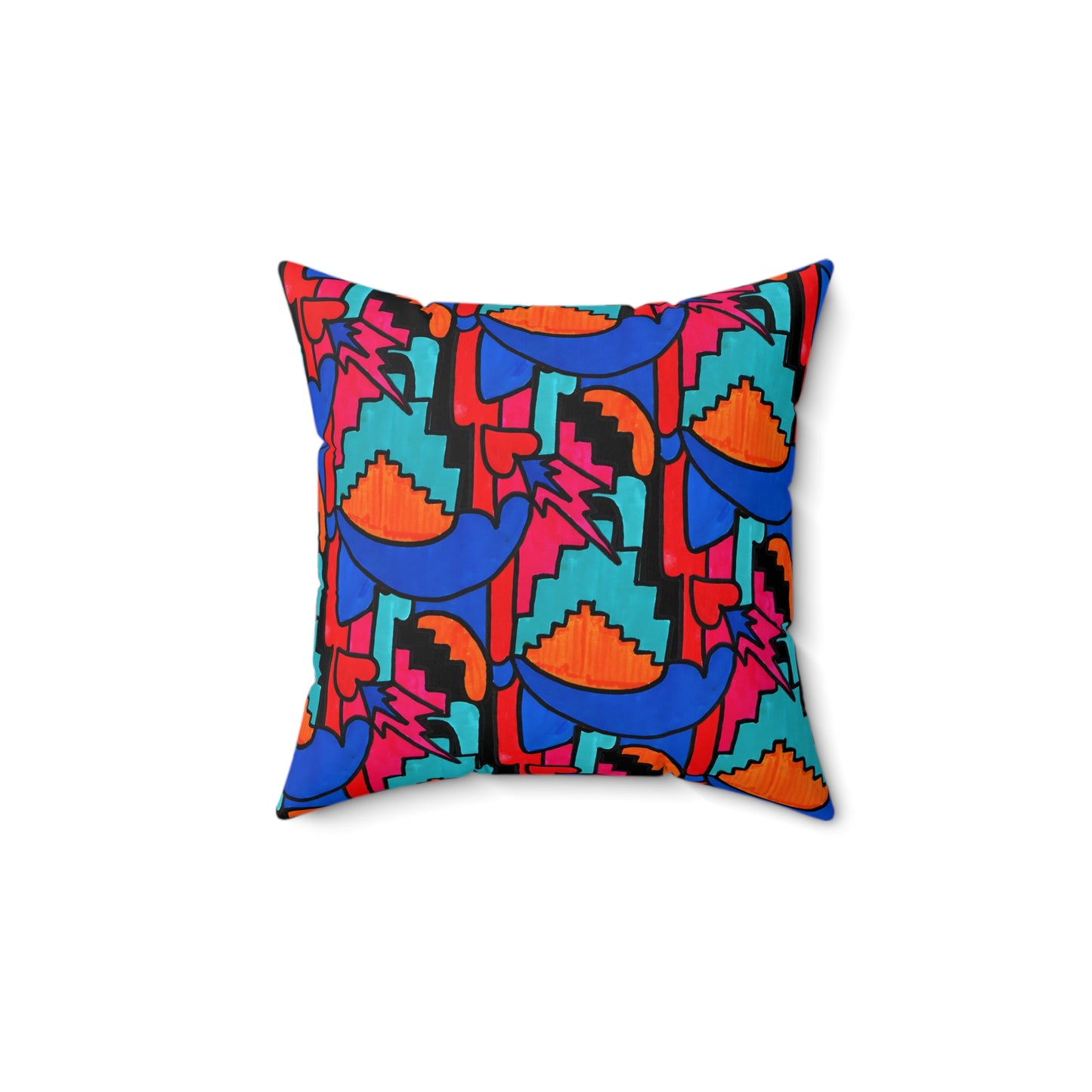 Pop Decoscape Maximalist Drawing Throw Pillow | Colorful Eclectic Maximalist Square Cushion