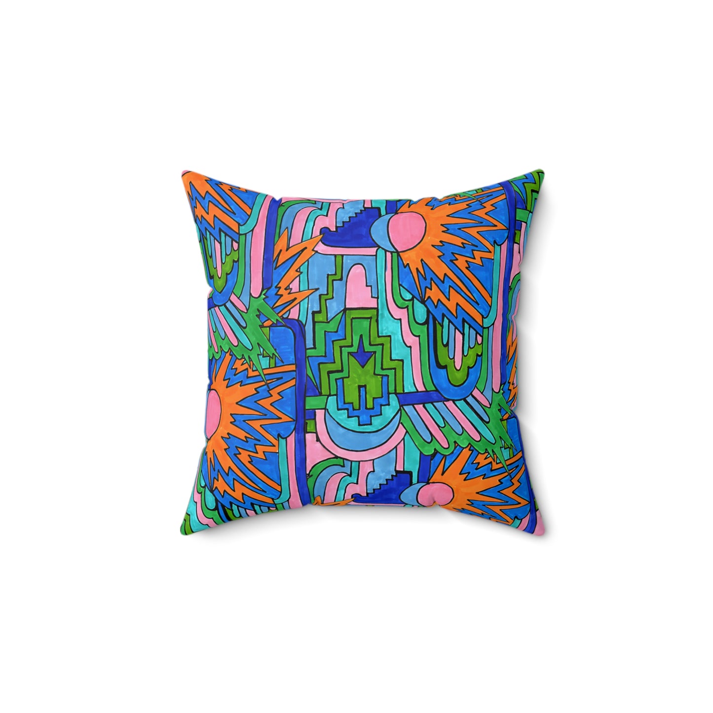 Pop Decoscape Abstract Artwork Maximalist Throw Pillow - Colorful Hand Drawn Eclectic Square Pillow