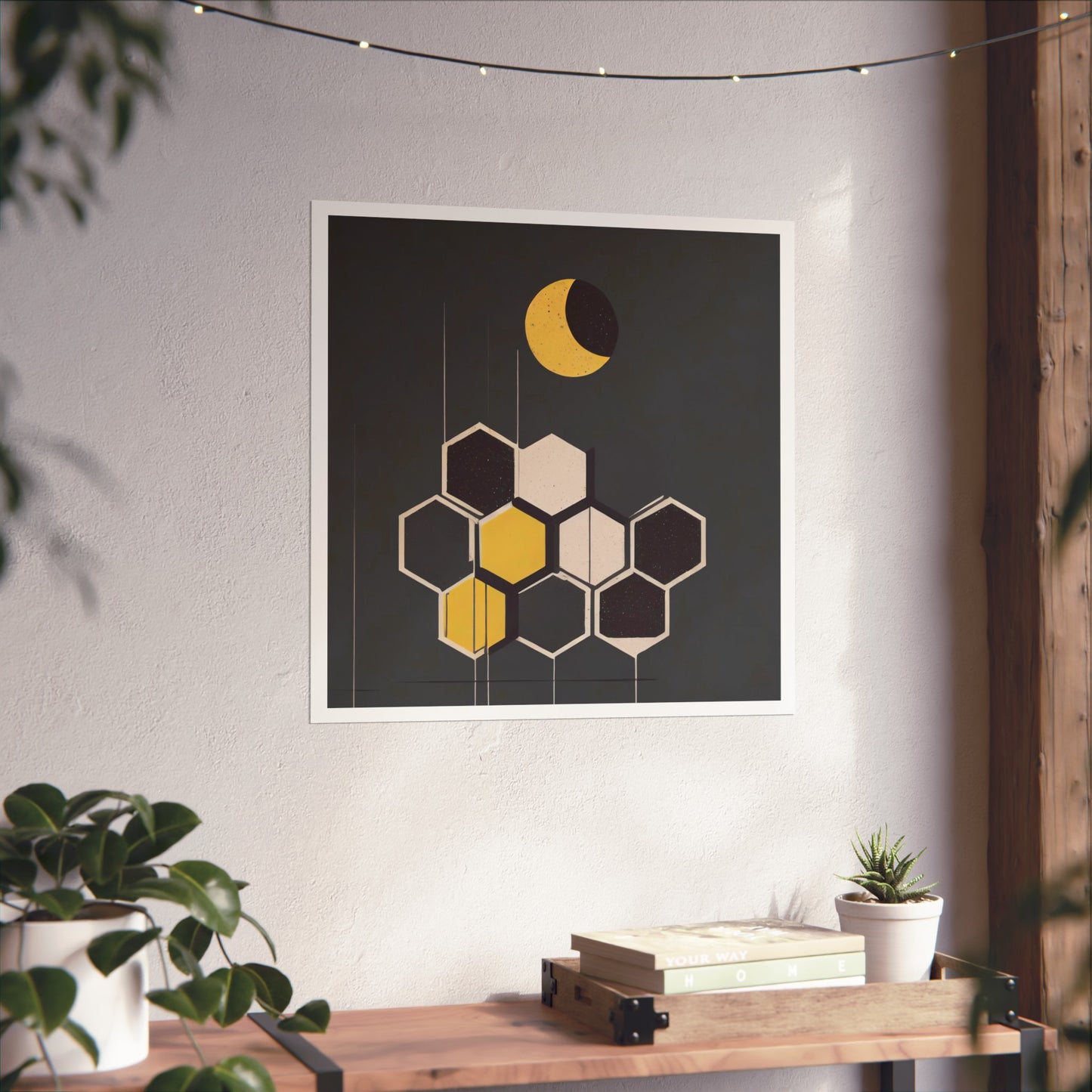 Minimalist New Moon Graphic Abstract Geometric Honeycomb Square Matte Poster Cosmic Art Print