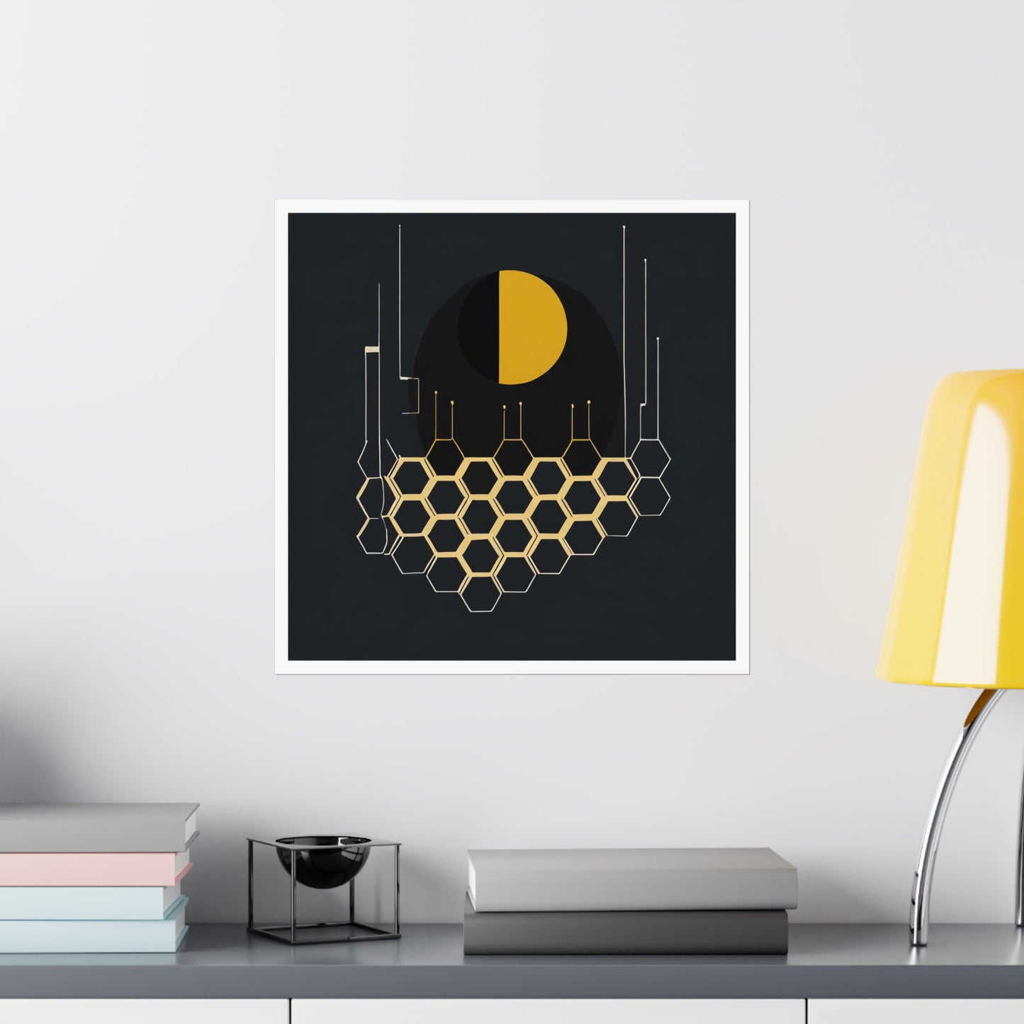 Minimalist Moon Graphic Abstract Geometric Honeycomb Square Matte Poster Cosmic Glitch Art Print