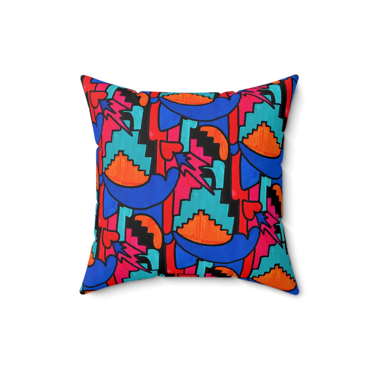 Pop Decoscape Maximalist Drawing Throw Pillow | Colorful Eclectic Maximalist Square Cushion