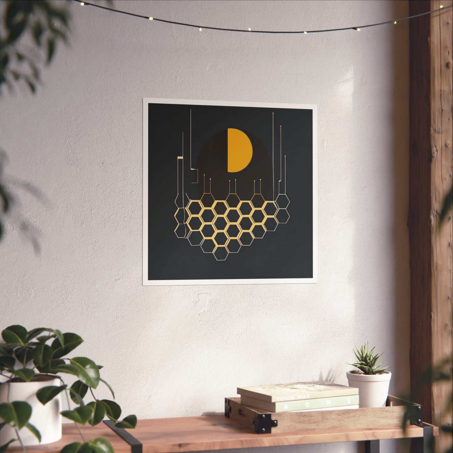 Minimalist Moon Graphic Abstract Geometric Honeycomb Square Matte Poster Cosmic Glitch Art Print