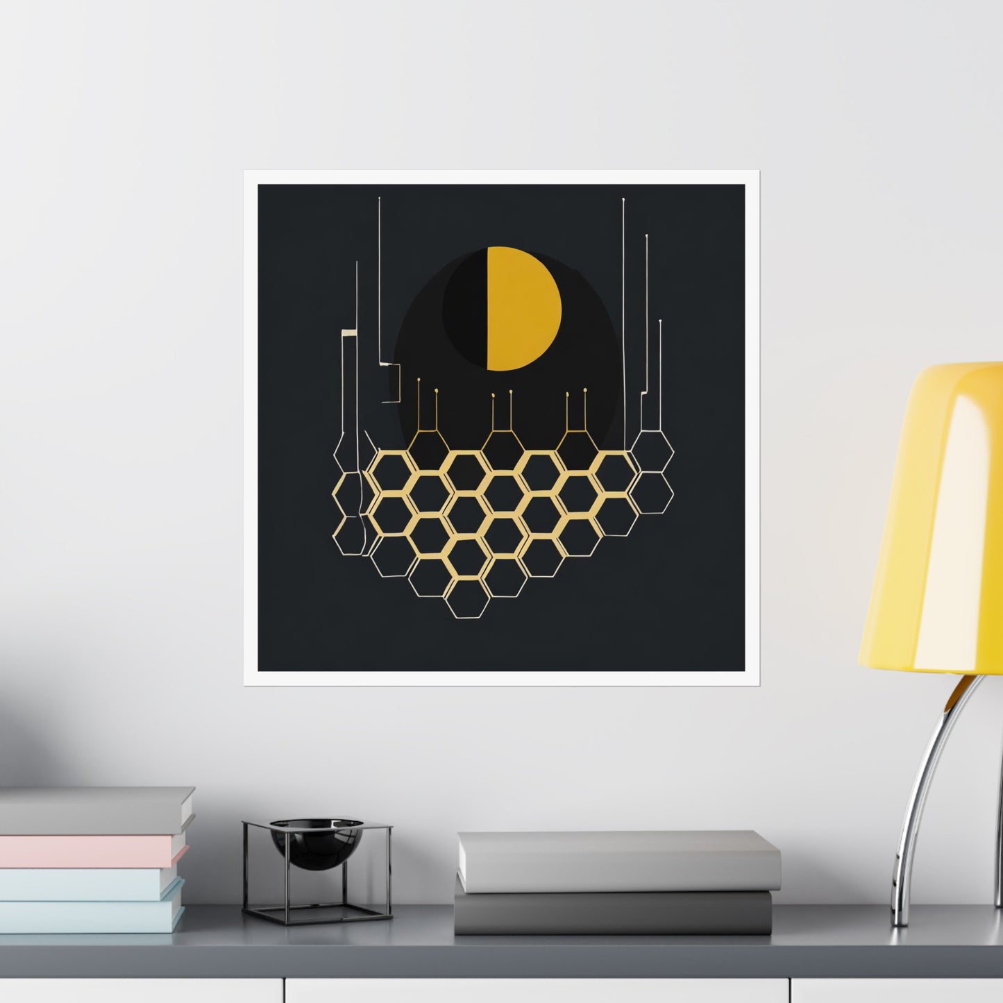 Minimalist Moon Graphic Abstract Geometric Honeycomb Square Matte Poster Cosmic Glitch Art Print