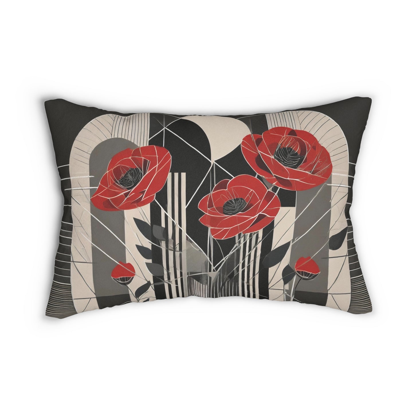 Art Deco Red Poppies Lumbar Rectangular Throw Pillow