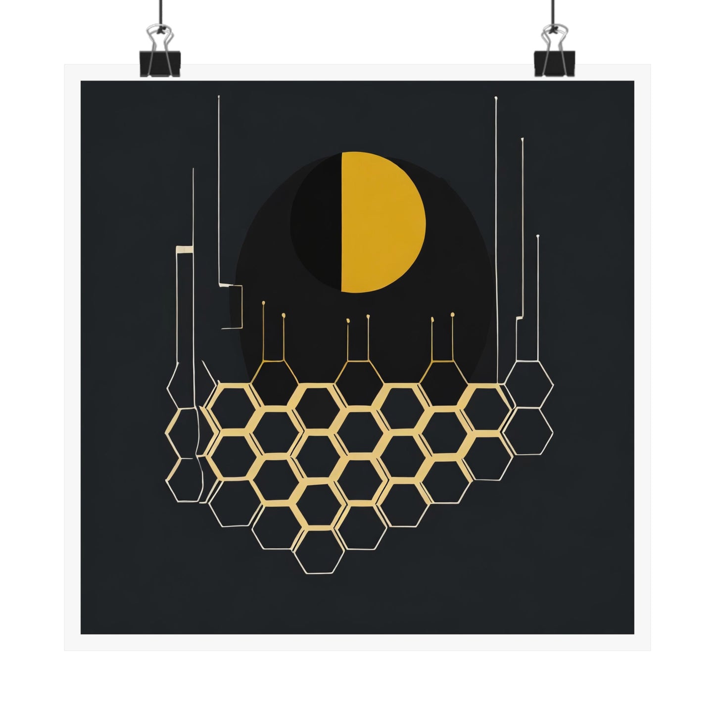 Minimalist Moon Graphic Abstract Geometric Honeycomb Square Matte Poster Cosmic Glitch Art Print