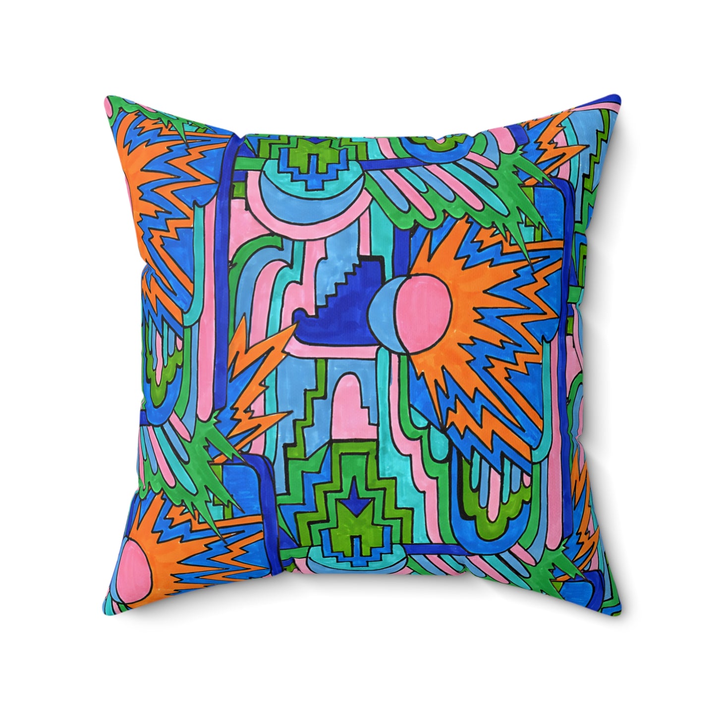 Pop Decoscape Abstract Artwork Maximalist Throw Pillow - Colorful Hand Drawn Eclectic Square Pillow