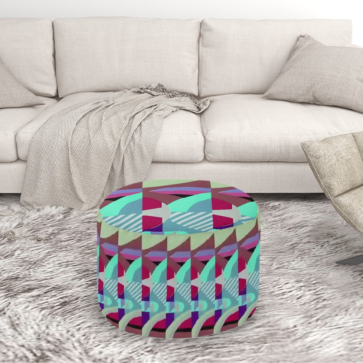 Kaleidoscope Reimagined Colorful Eclectic Round Pouf Ottoman |  Art Deco Inspired Abstract Patterned Pouf