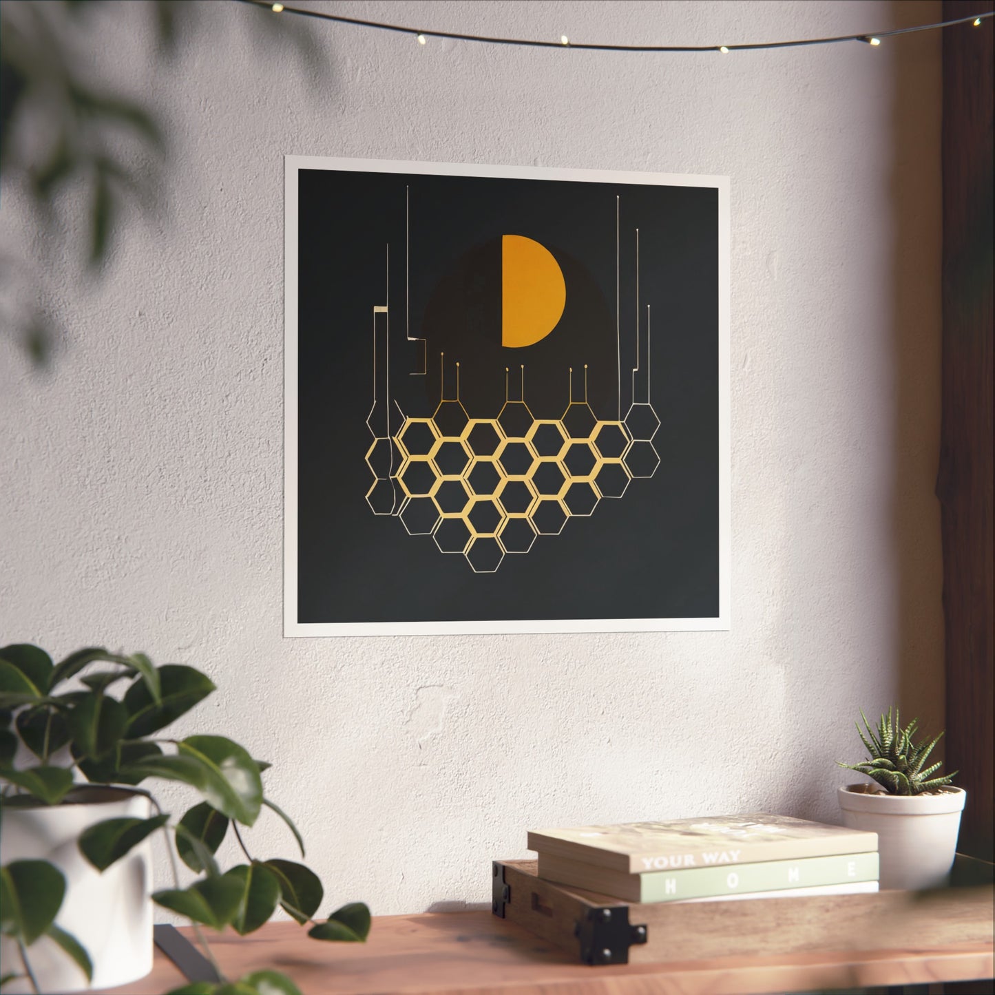 Minimalist Moon Graphic Abstract Geometric Honeycomb Square Matte Poster Cosmic Glitch Art Print