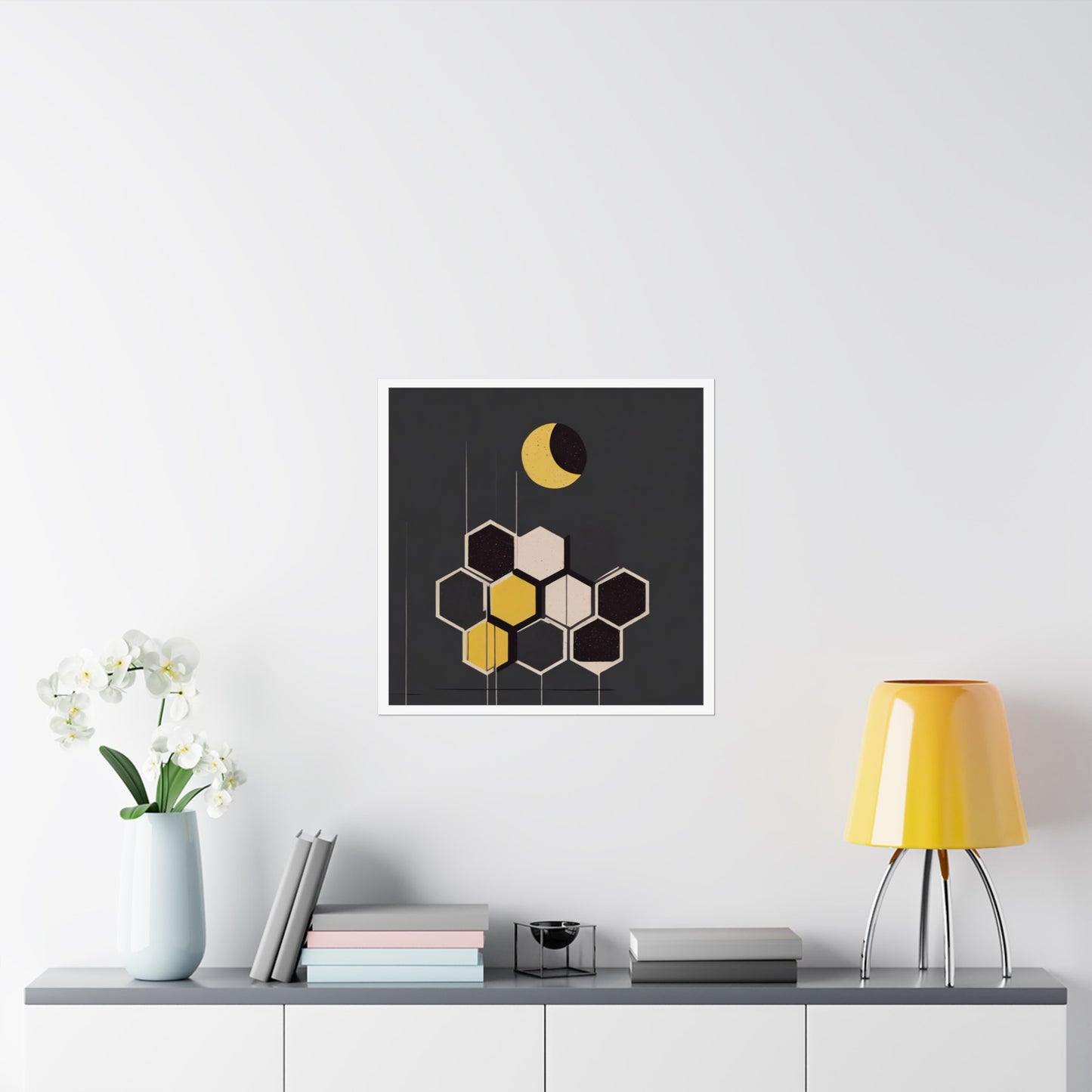 Minimalist New Moon Graphic Abstract Geometric Honeycomb Square Matte Poster Cosmic Art Print