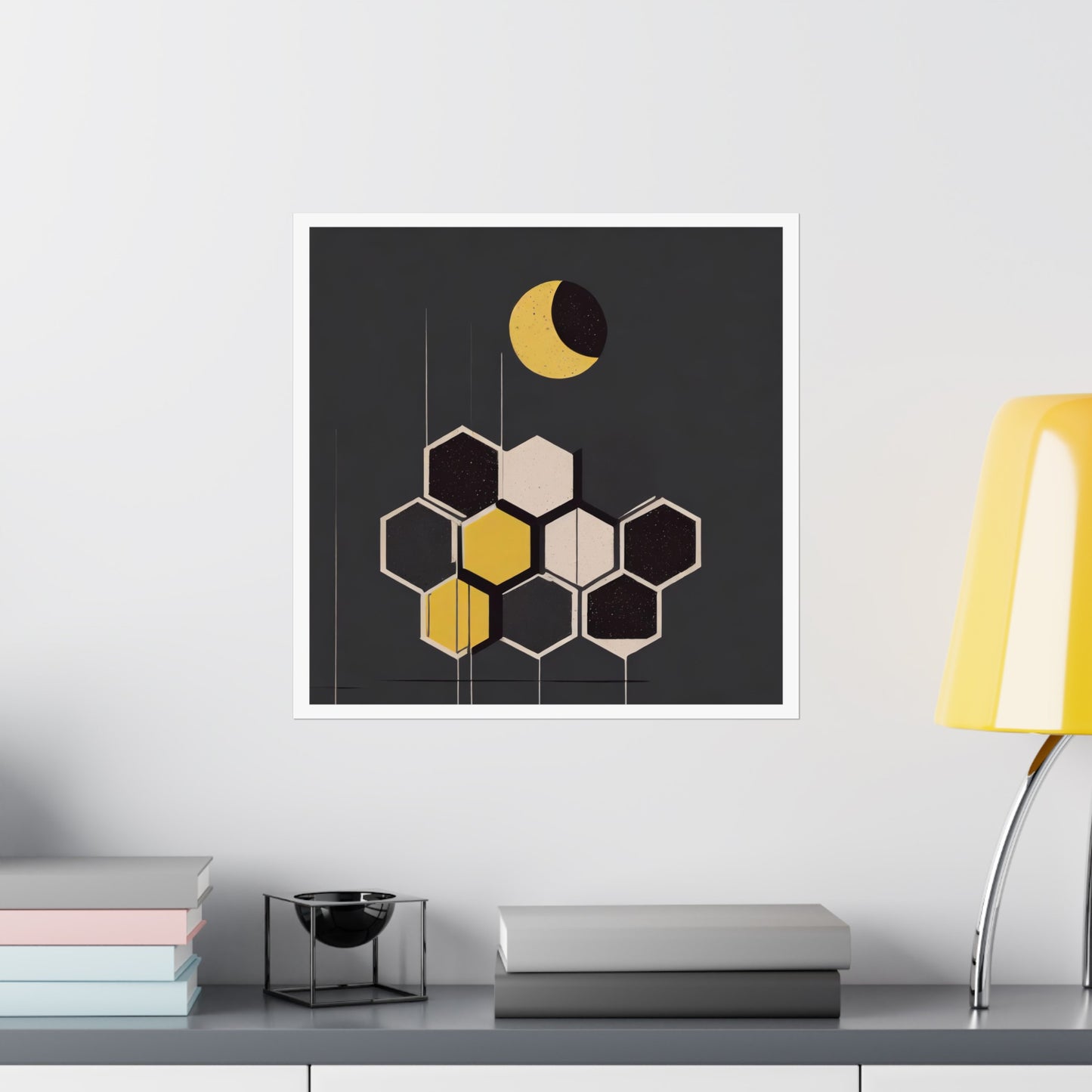 Minimalist New Moon Graphic Abstract Geometric Honeycomb Square Matte Poster Cosmic Art Print