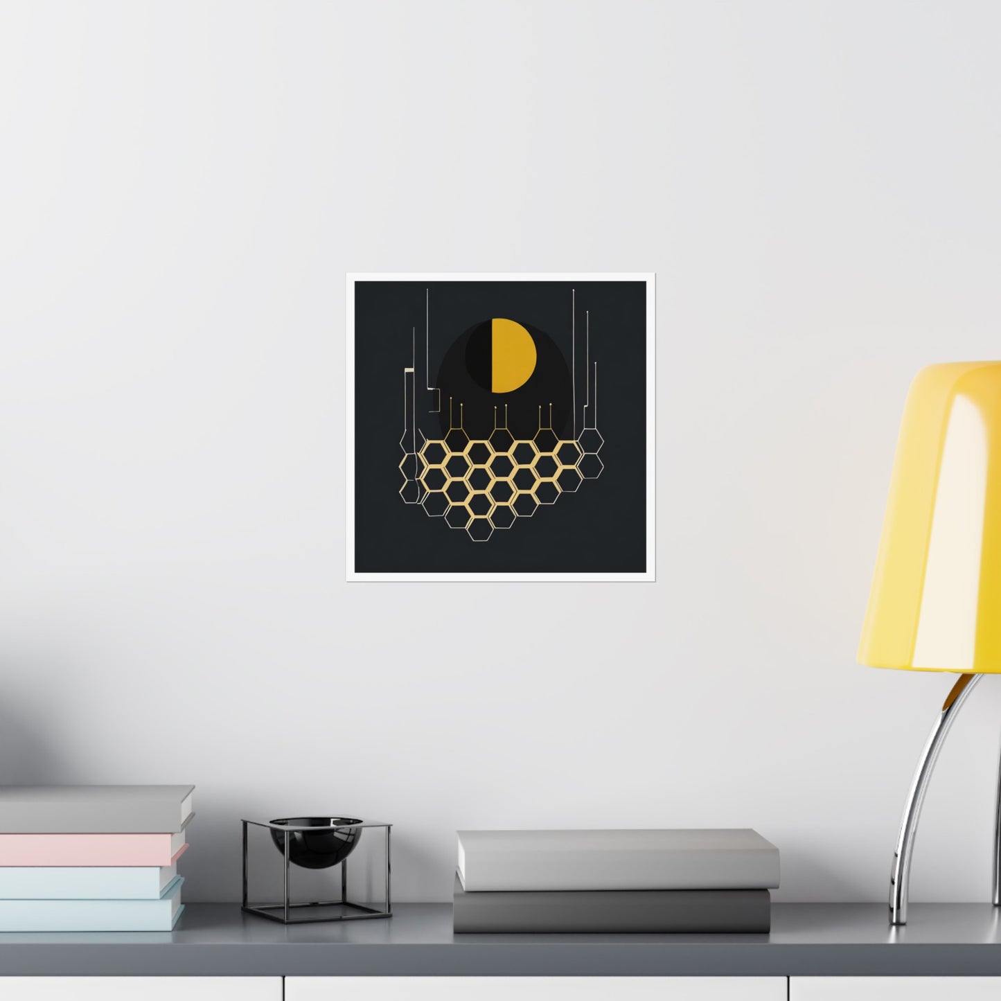 Minimalist Moon Graphic Abstract Geometric Honeycomb Square Matte Poster Cosmic Glitch Art Print