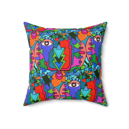 Pop Decoscape Abstract Artwork Maximalist Throw Pillow - Colorful Hand Drawn Eclectic Square Pillow