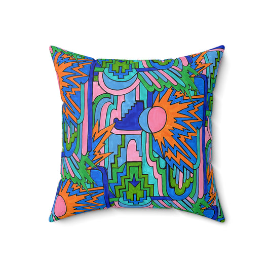 Pop Decoscape Abstract Artwork Maximalist Throw Pillow - Colorful Hand Drawn Eclectic Square Pillow