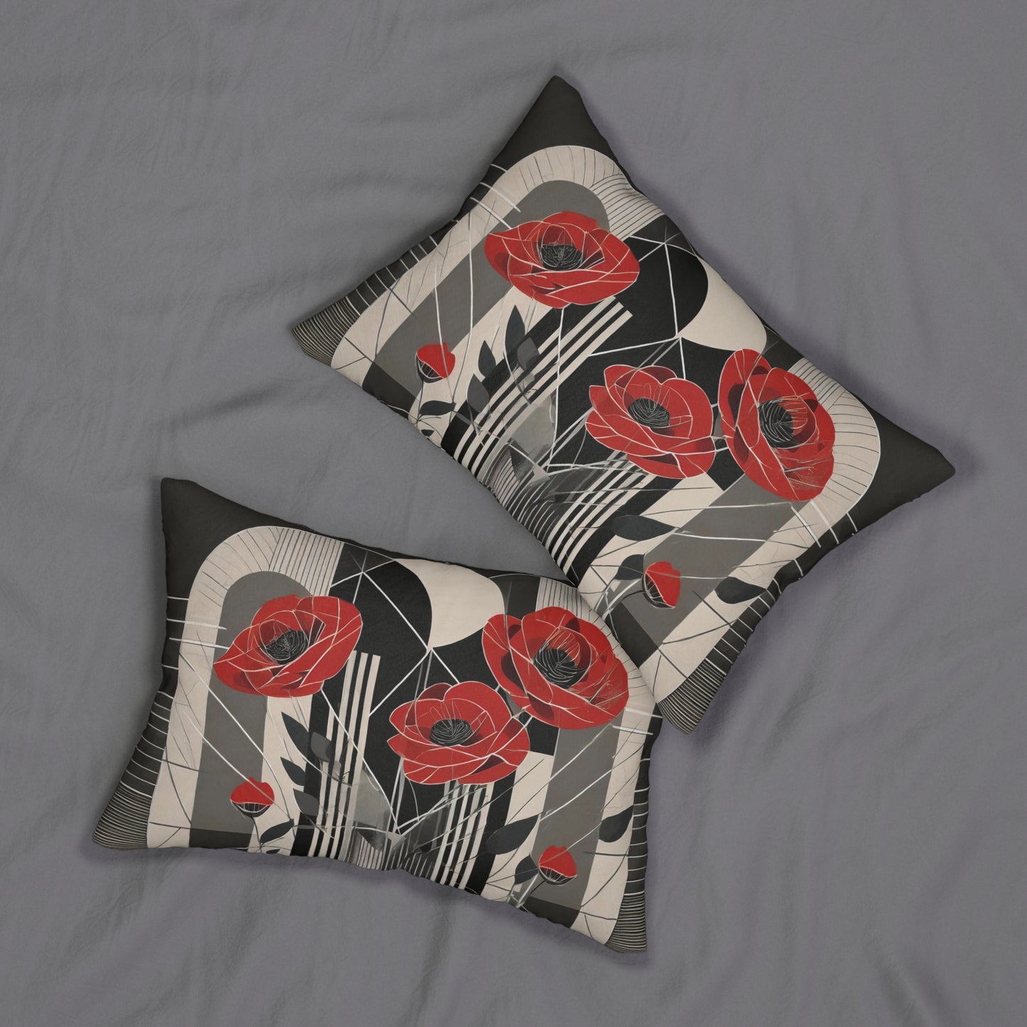 Art Deco Red Poppies Lumbar Rectangular Throw Pillow