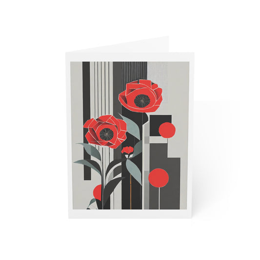 Abstract Flower Birthday Card Art Deco Red Poppies Note Card Red Flowers Art Deco Poppy Minimalist Red Flower Card for Mother's Day Card