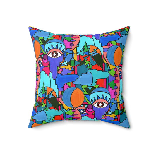 Pop Decoscape Abstract Artwork Maximalist Throw Pillow - Colorful Hand Drawn Eclectic Square Pillow