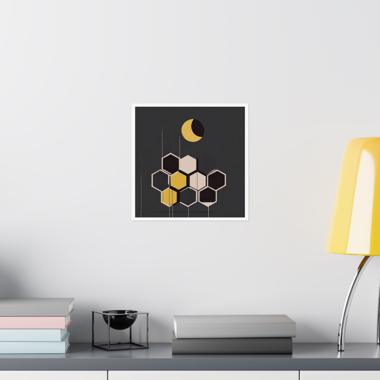 Minimalist New Moon Graphic Abstract Geometric Honeycomb Square Matte Poster Cosmic Art Print