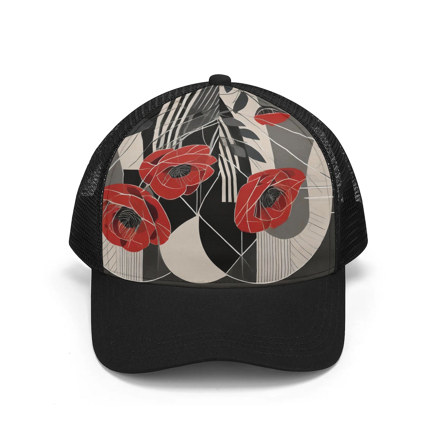 Deco Red Poppies Front Printing Mesh Trucker Hat Art Deco Pretty Summer Hat