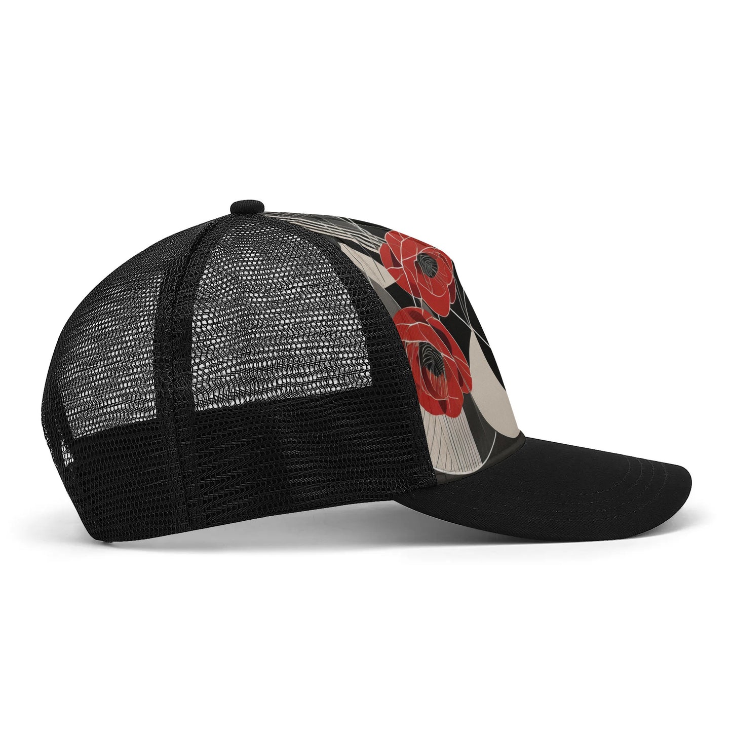 Deco Red Poppies Front Printing Mesh Trucker Hat Art Deco Pretty Summer Hat