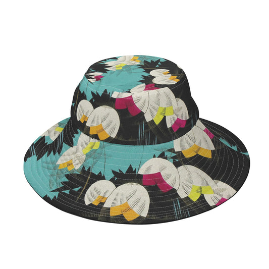Deco Floral All Over Print Bucket Hat Lilly of the Valley Turquoise and Black Pretty Summer Hat