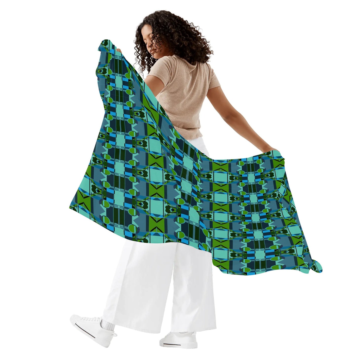 Blue and Green Geometric Art Deco Textile Pattern Womens Sarong Bikini Coverup