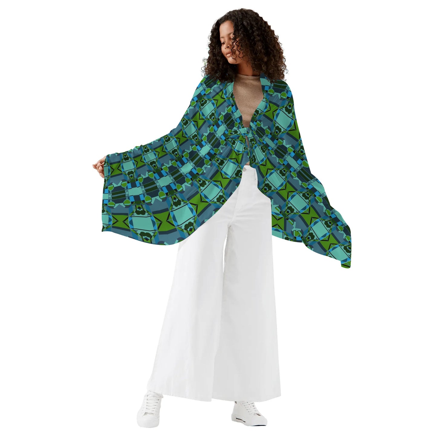 Blue and Green Geometric Art Deco Textile Pattern Womens Sarong Bikini Coverup