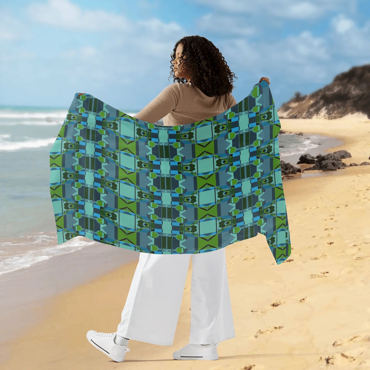 Blue and Green Geometric Art Deco Textile Pattern Womens Sarong Bikini Coverup