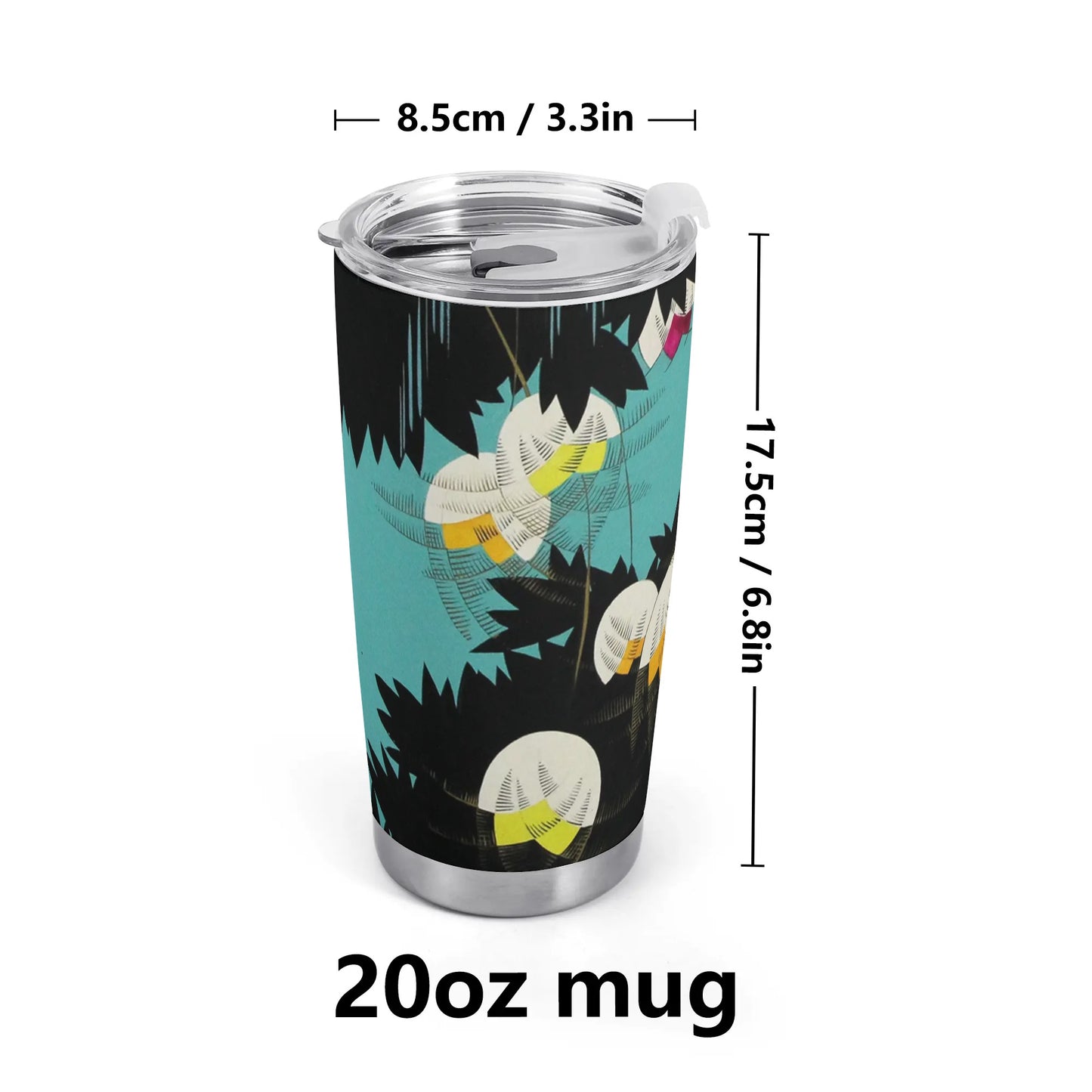 Retro Art Deco Floral Lilly of the Valley Turquoise and Black All Over Print Tumbler 20oz