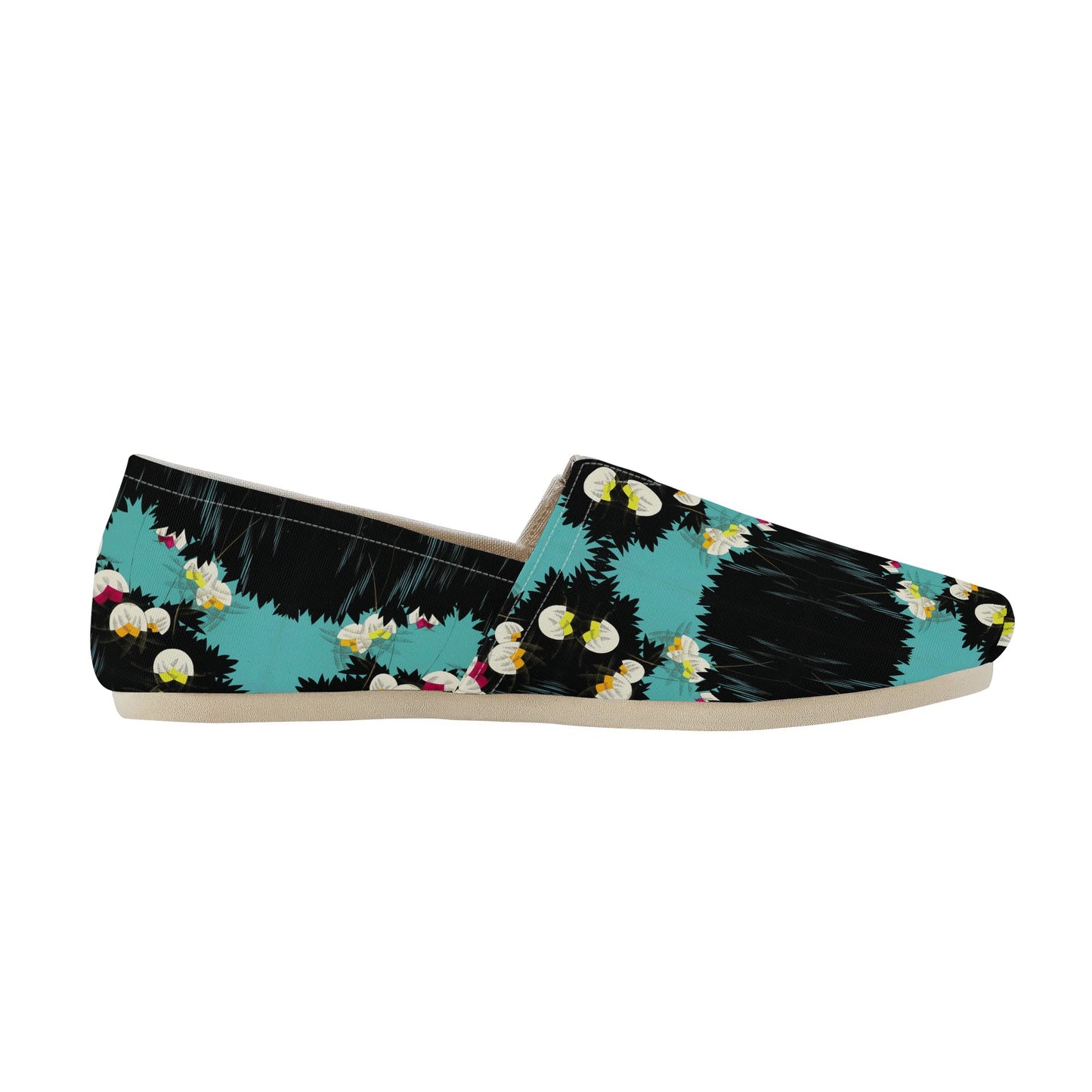 Black and Turquoise Floral Lilly of the Valley Art Deco Womens Casual Slip-on Shoes