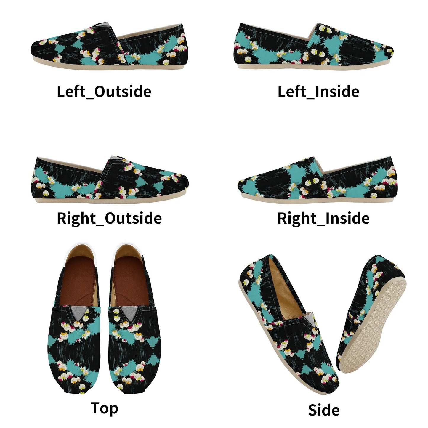 Black and Turquoise Floral Lilly of the Valley Art Deco Womens Casual Slip-on Shoes