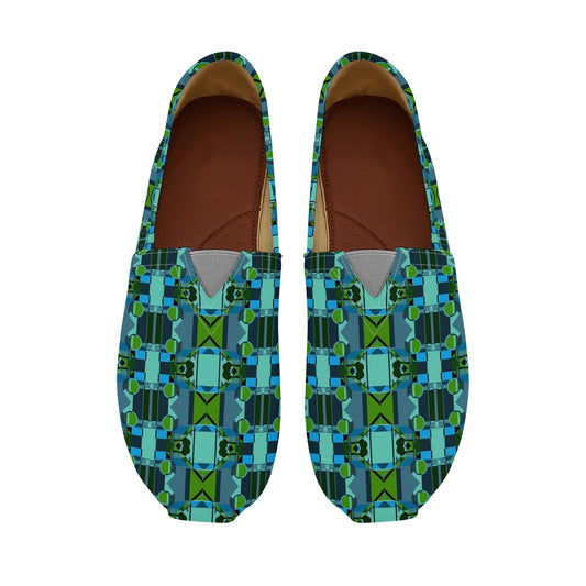 Blue and Green Abstract Geometric Pop Art Deco Pattern Womens Casual Slip-on Shoes