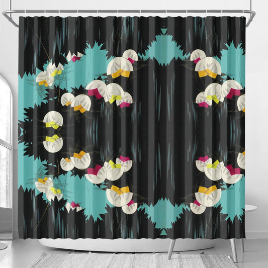 Art Deco Black and Turquoise Floral Lilly of the Valley Flower Abstract Boho Art Deco Inspired Shower Curtain