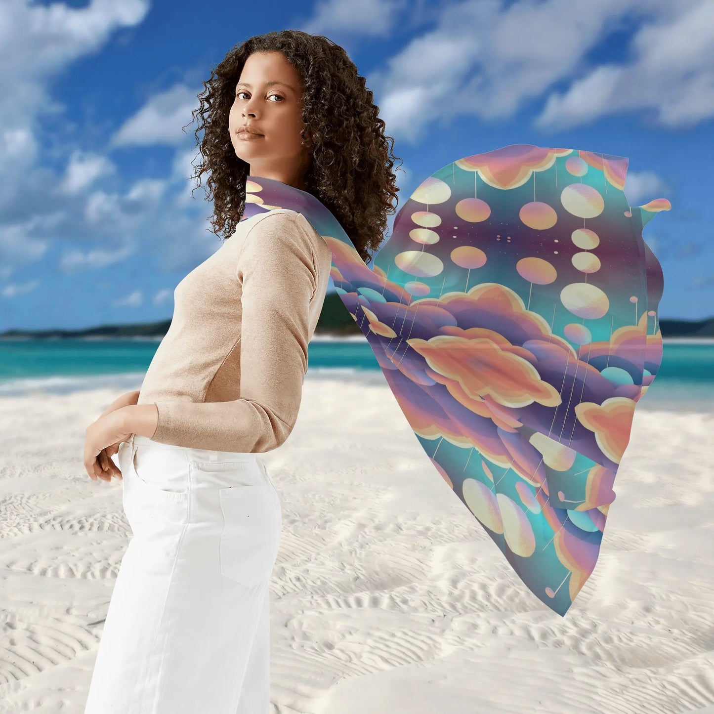 Ethereal Pastel Aesthetic Womens Sarong Bikini Coverup Modern Geometric Design Sheer Retro Wrap