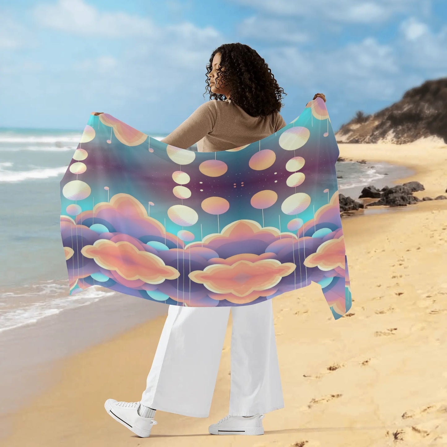 Ethereal Pastel Aesthetic Womens Sarong Bikini Coverup Modern Geometric Design Sheer Retro Wrap