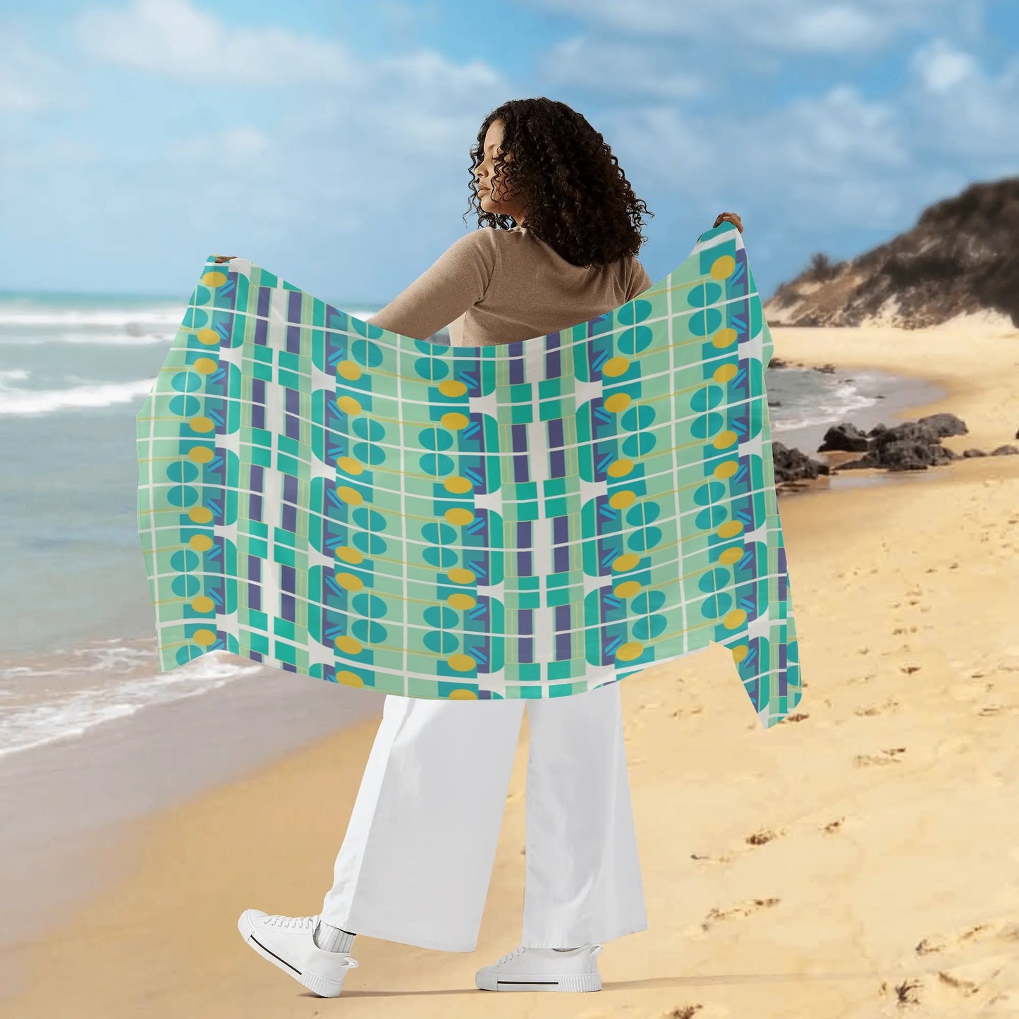 Colorful Art Deco Womens Sarong Bikini Coverup Modern Geometric Design Sheer Retro Wrap